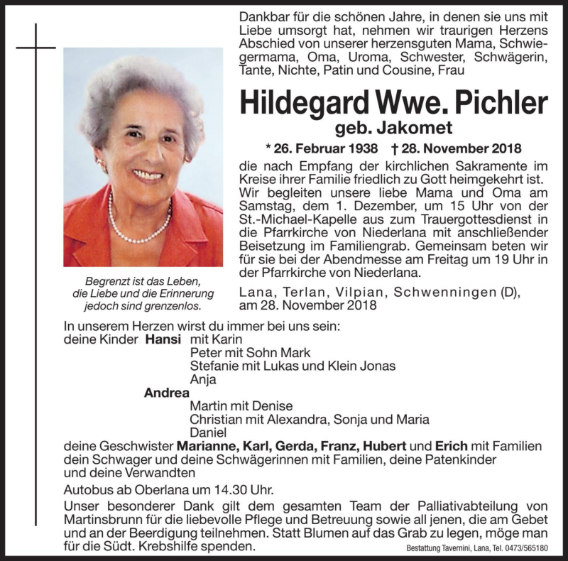  Traueranzeige für Hildegard Pichler vom 29.11.2018 aus Dolomiten