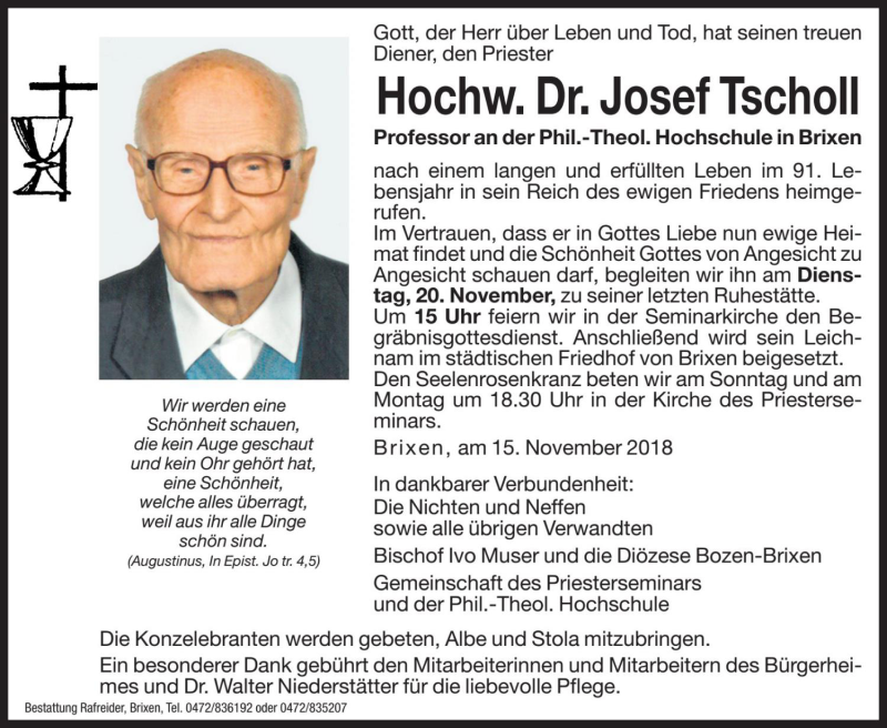  Traueranzeige für Josef Tscholl vom 17.11.2018 aus Dolomiten