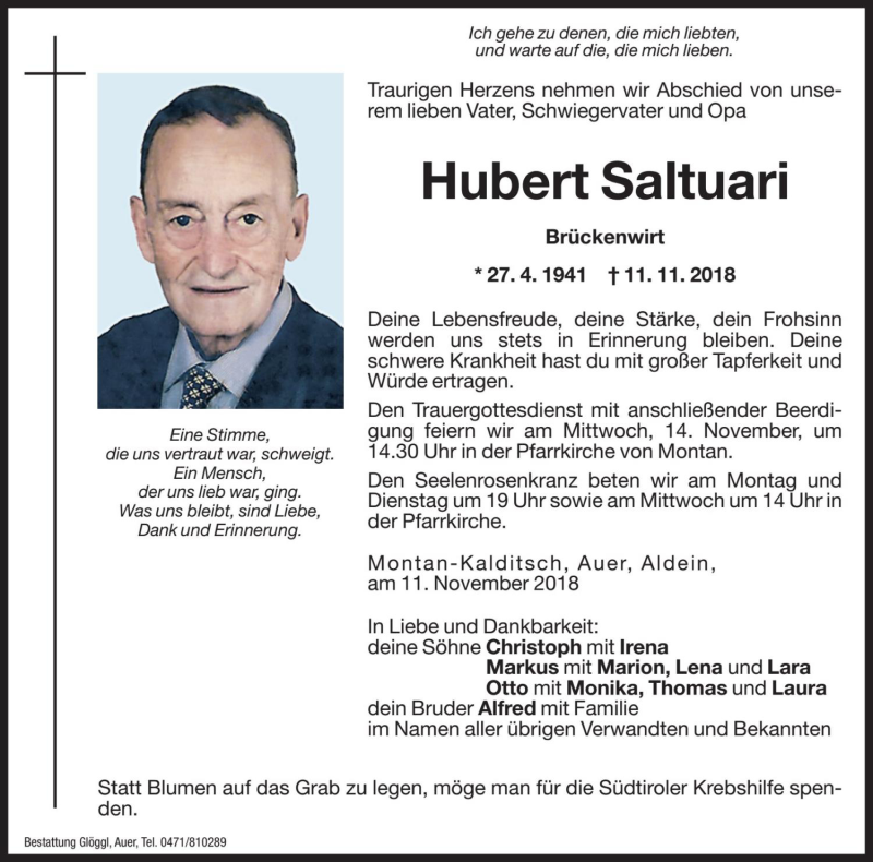  Traueranzeige für Hubert Saltuari  vom 12.11.2018 aus Dolomiten