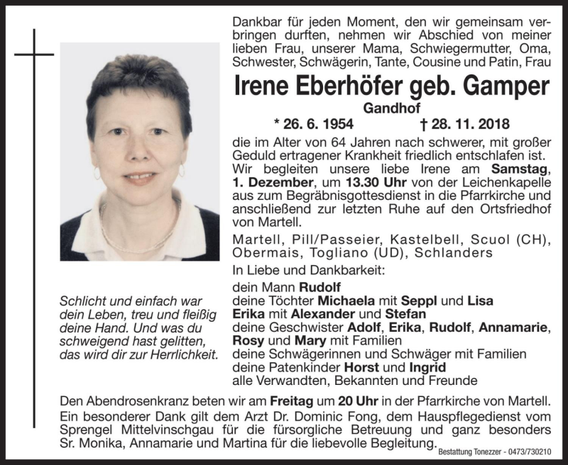  Traueranzeige für Irene Eberhöfer vom 30.11.2018 aus Dolomiten