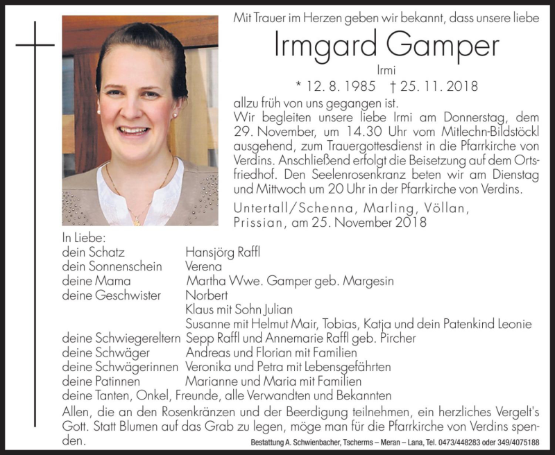  Traueranzeige für Irmgard Gamper vom 27.11.2018 aus Dolomiten