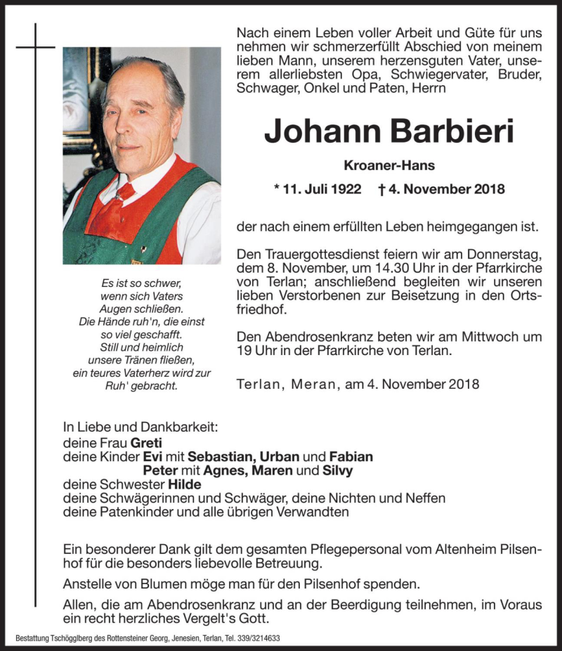  Traueranzeige für Johann Barbieri vom 06.11.2018 aus Dolomiten