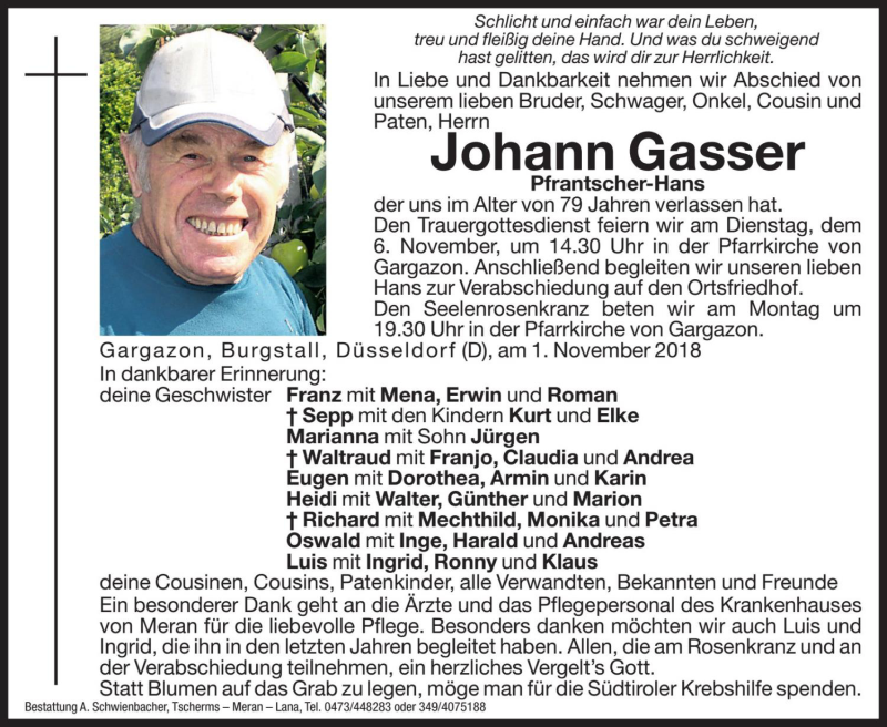  Traueranzeige für Johann Gasser vom 03.11.2018 aus Dolomiten