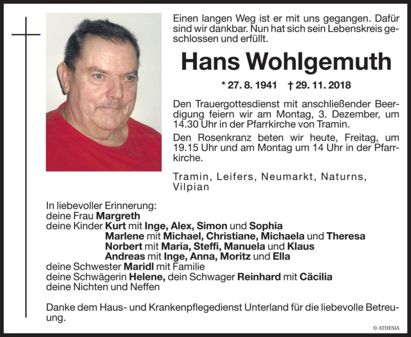  Traueranzeige für Hans Wohlgemuth vom 30.11.2018 aus Dolomiten