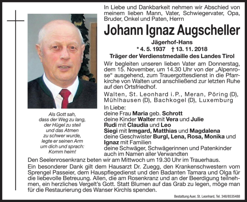  Traueranzeige für Johann Ignaz Augscheller vom 14.11.2018 aus Dolomiten