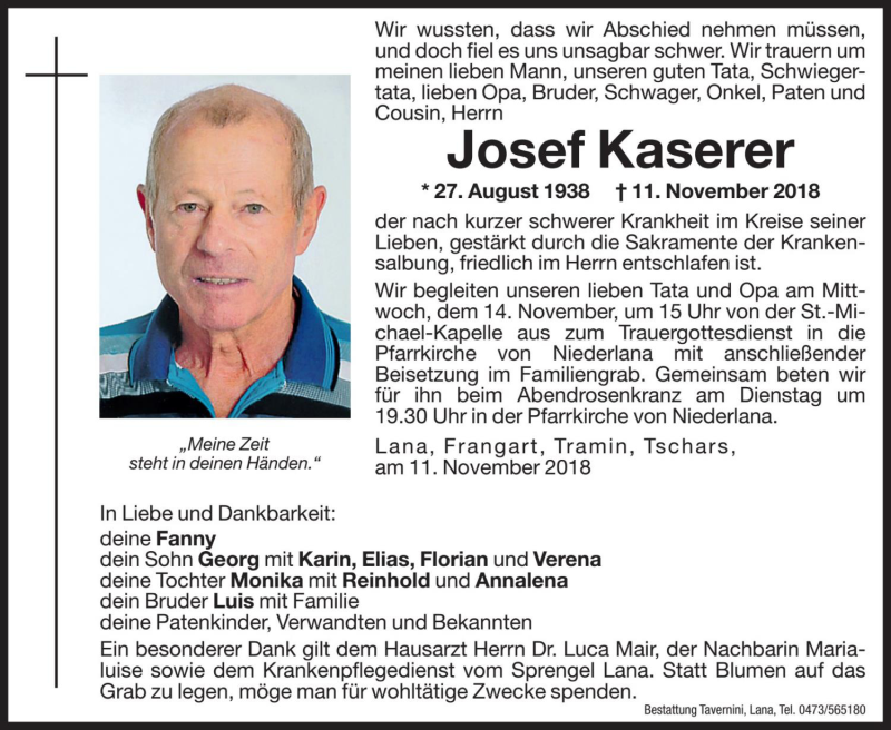  Traueranzeige für Josef Kaserer vom 13.11.2018 aus Dolomiten