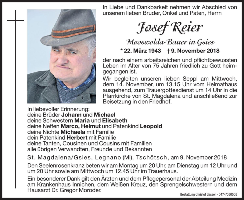  Traueranzeige für Josef Reier vom 12.11.2018 aus Dolomiten