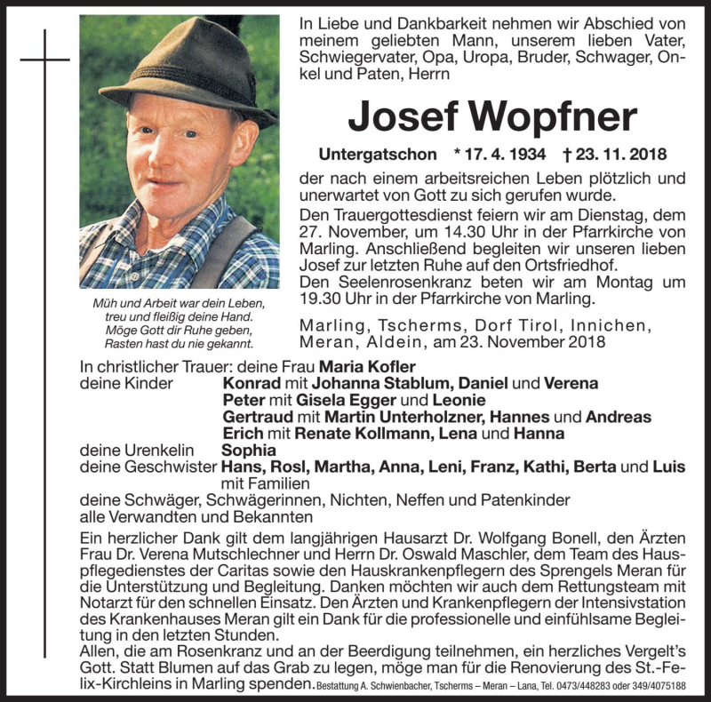  Traueranzeige für Josef Wopfner vom 26.11.2018 aus Dolomiten