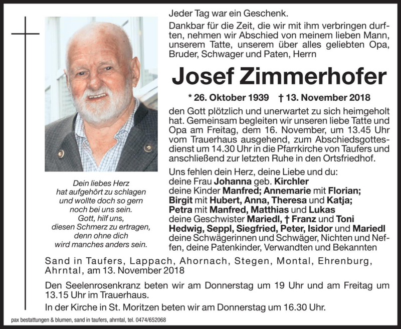  Traueranzeige für Josef Zimmerhofer vom 15.11.2018 aus Dolomiten