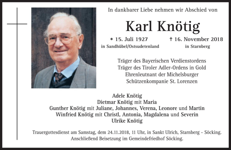  Traueranzeige für Karl Knötig vom 20.11.2018 aus Dolomiten