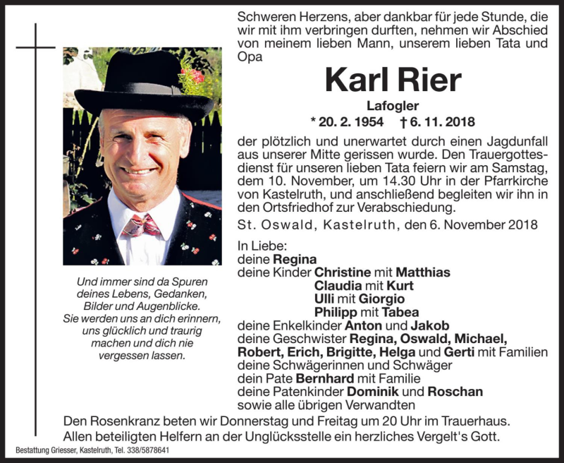  Traueranzeige für Karl Rier vom 08.11.2018 aus Dolomiten