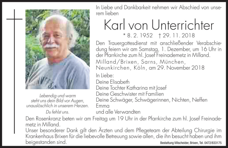  Traueranzeige für Karl von Unterrichter vom 30.11.2018 aus Dolomiten