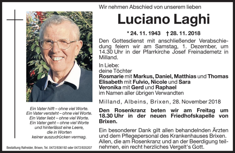  Traueranzeige für Luciano Laghi vom 29.11.2018 aus Dolomiten