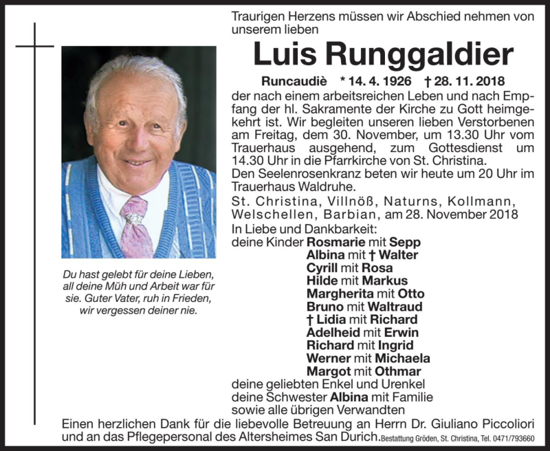  Traueranzeige für Luis Runggaldier vom 29.11.2018 aus Dolomiten