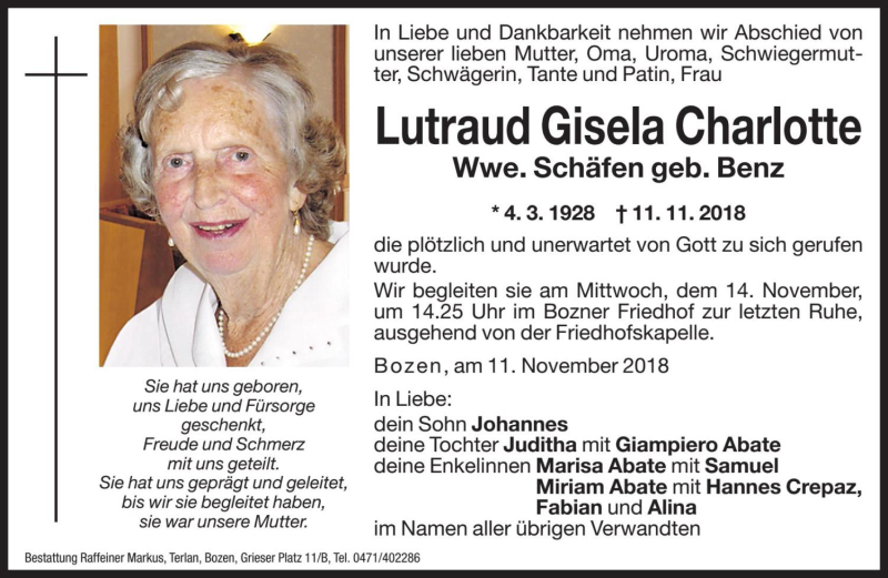  Traueranzeige für Lutraud Gisela Charlotte Schäfen vom 13.11.2018 aus Dolomiten