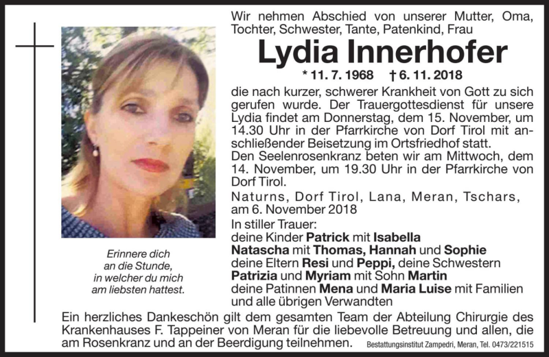  Traueranzeige für Lydia Innerhofer vom 13.11.2018 aus Dolomiten