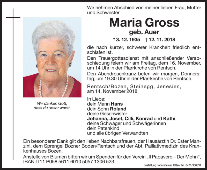  Traueranzeige für Maria Gross vom 14.11.2018 aus Dolomiten