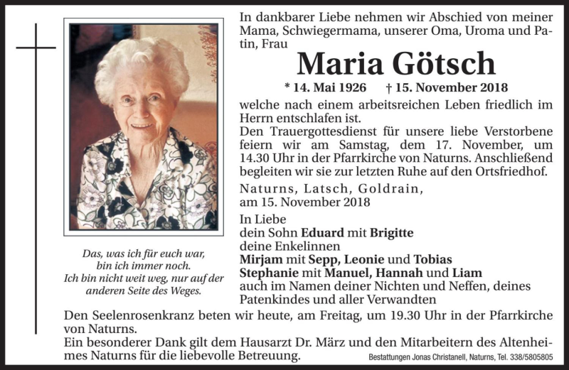  Traueranzeige für Maria Götsch vom 16.11.2018 aus Dolomiten