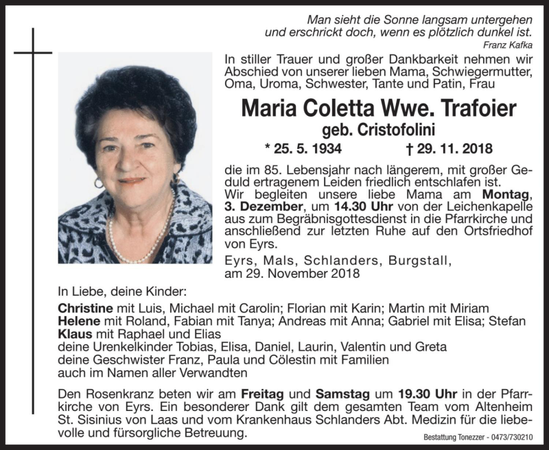  Traueranzeige für Maria Coletta Trafoier vom 30.11.2018 aus Dolomiten