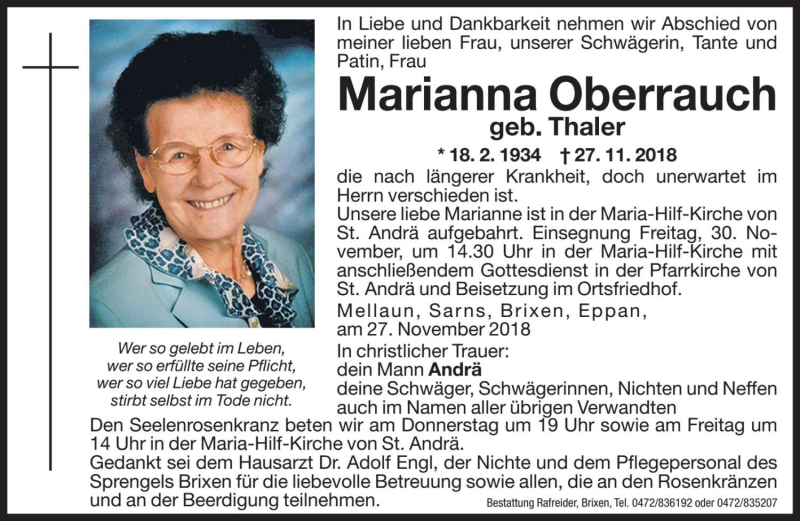  Traueranzeige für Marianna Oberrauch vom 29.11.2018 aus Dolomiten