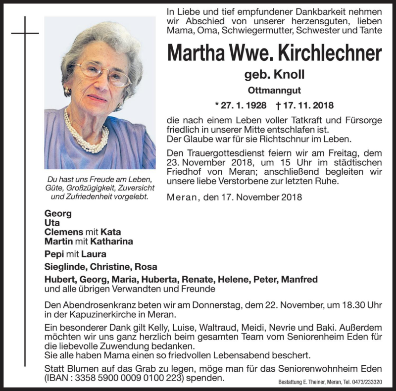  Traueranzeige für Martha Kirchlechner vom 21.11.2018 aus Dolomiten