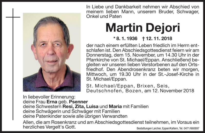  Traueranzeige für Martin Dejori vom 13.11.2018 aus Dolomiten