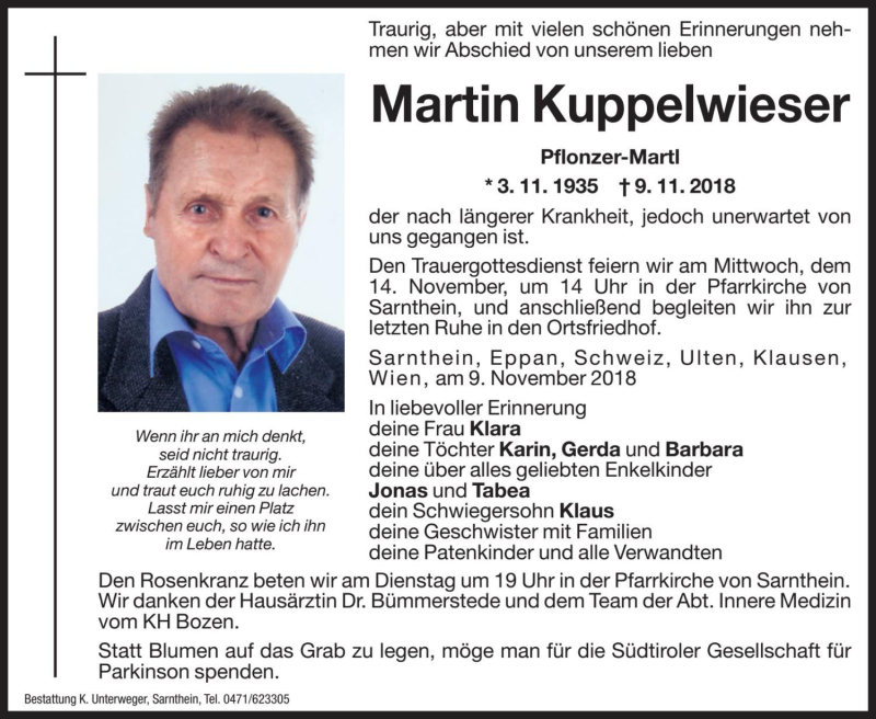  Traueranzeige für Martin Kuppelwieser vom 12.11.2018 aus Dolomiten