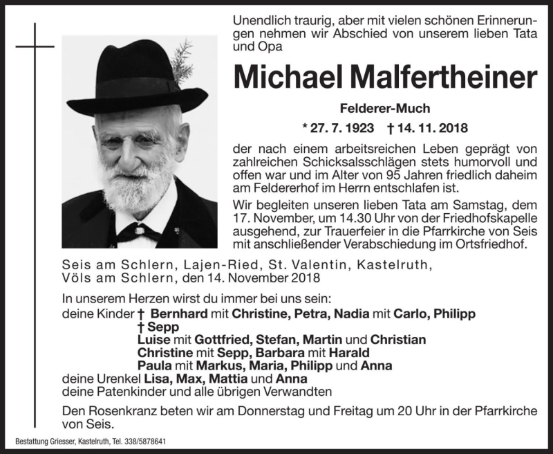  Traueranzeige für Michael Malfertheiner vom 15.11.2018 aus Dolomiten