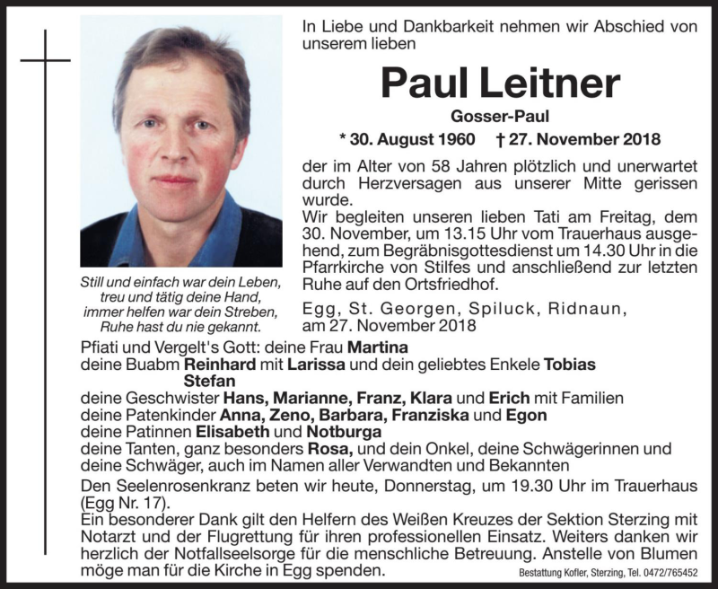  Traueranzeige für Paul Leitner vom 29.11.2018 aus Dolomiten
