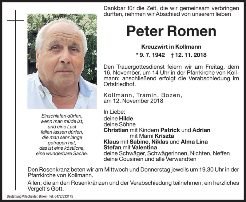  Traueranzeige für Peter Romen vom 14.11.2018 aus Dolomiten