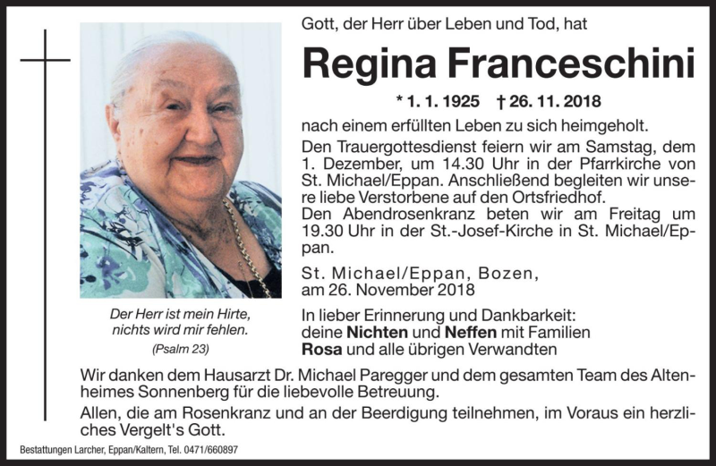  Traueranzeige für Regina Franceschini vom 28.11.2018 aus Dolomiten