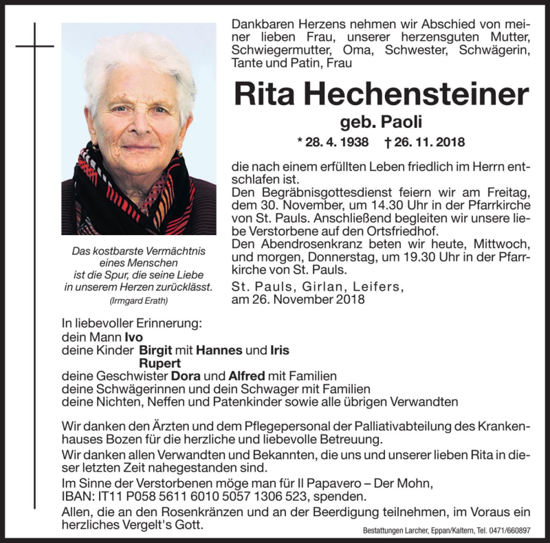  Traueranzeige für Rita Hechensteiner vom 28.11.2018 aus Dolomiten