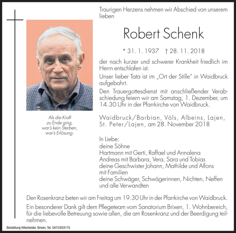  Traueranzeige für Robert Schenk vom 30.11.2018 aus Dolomiten