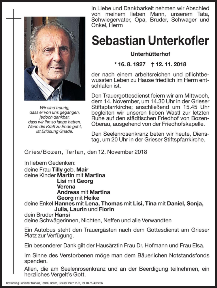  Traueranzeige für Sebastian Unterkofler vom 13.11.2018 aus Dolomiten