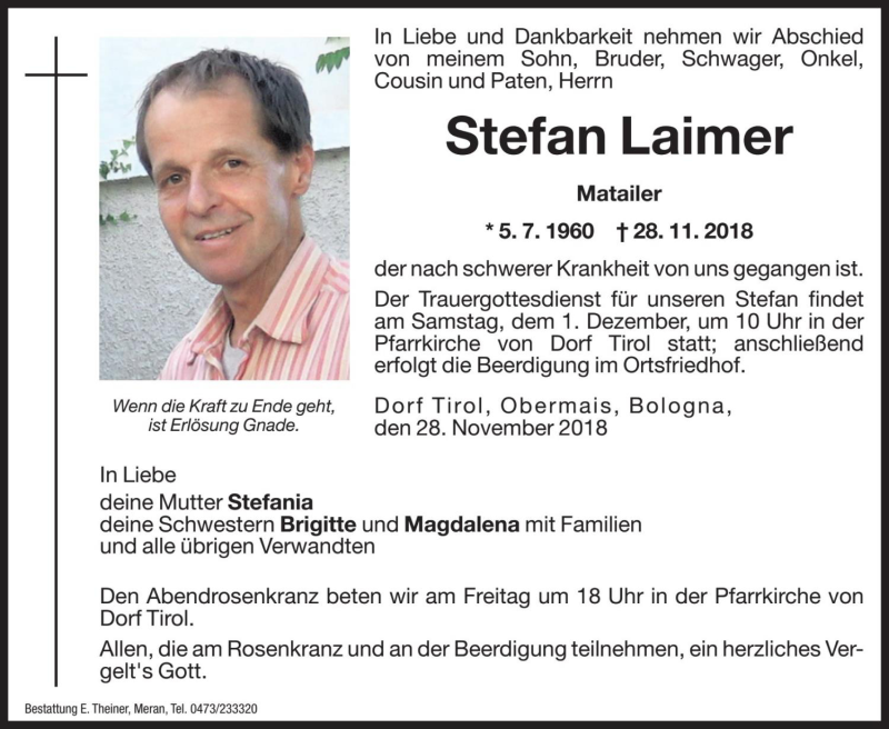  Traueranzeige für Stefan Laimer vom 30.11.2018 aus Dolomiten