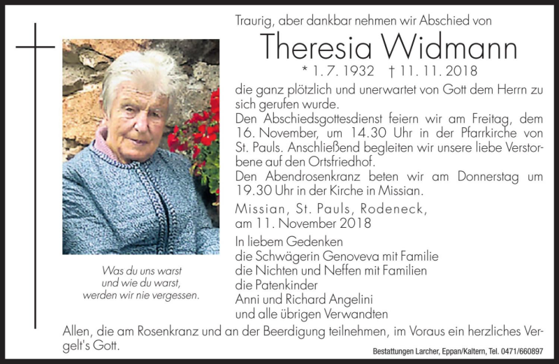  Traueranzeige für Theresia Widmann vom 13.11.2018 aus Dolomiten