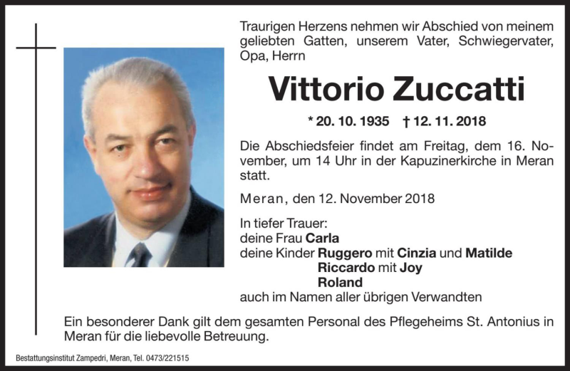  Traueranzeige für Vittorio Zuccatti vom 14.11.2018 aus Dolomiten