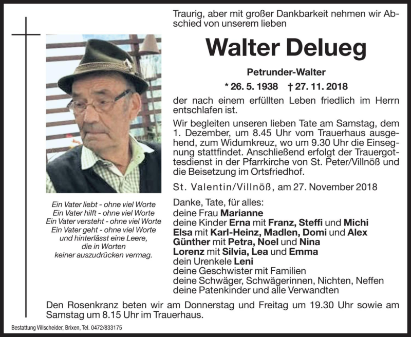  Traueranzeige für Walter Delueg vom 29.11.2018 aus Dolomiten