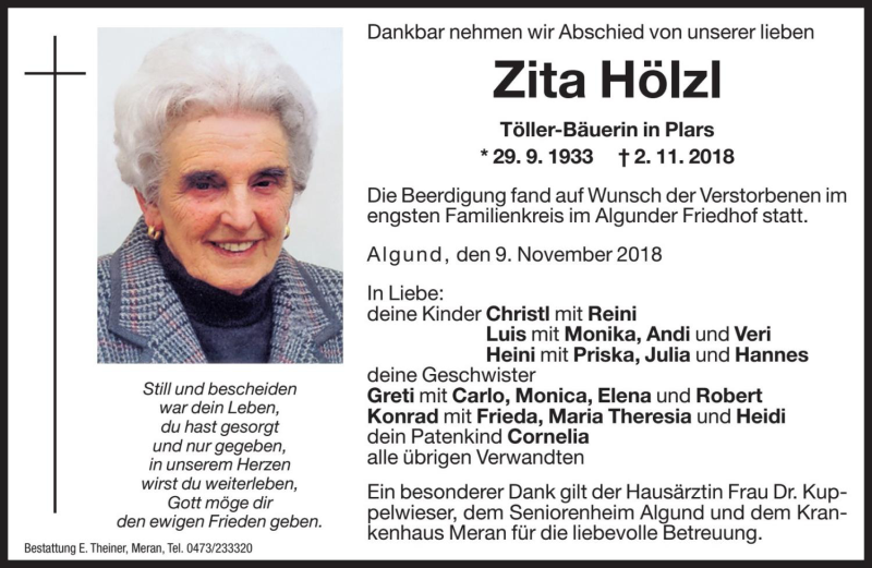  Traueranzeige für Zita Hölzl vom 09.11.2018 aus Dolomiten