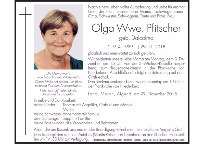  Traueranzeige für Olga Pfitscher vom 01.12.2018 aus Dolomiten