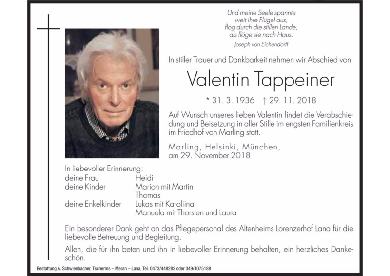  Traueranzeige für Valentin Tappeiner vom 01.12.2018 aus Dolomiten