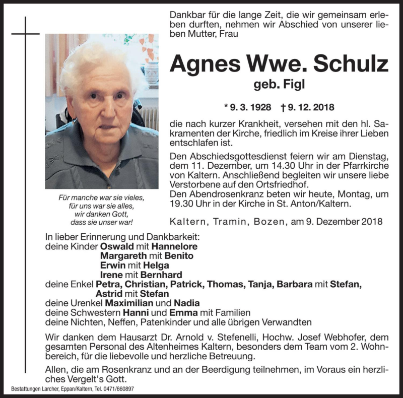  Traueranzeige für Agnes Schulz vom 10.12.2018 aus Dolomiten