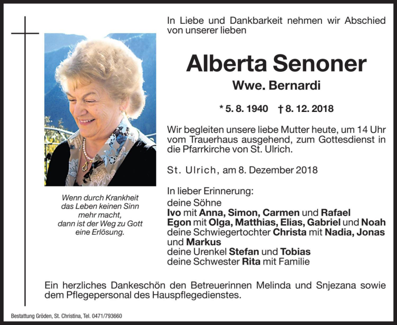 Traueranzeige für Alberta Bernardi vom 10.12.2018 aus Dolomiten