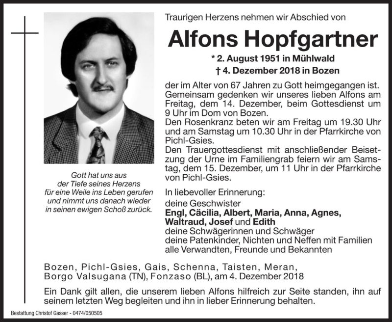  Traueranzeige für Alfons Hopfgartner vom 10.12.2018 aus Dolomiten