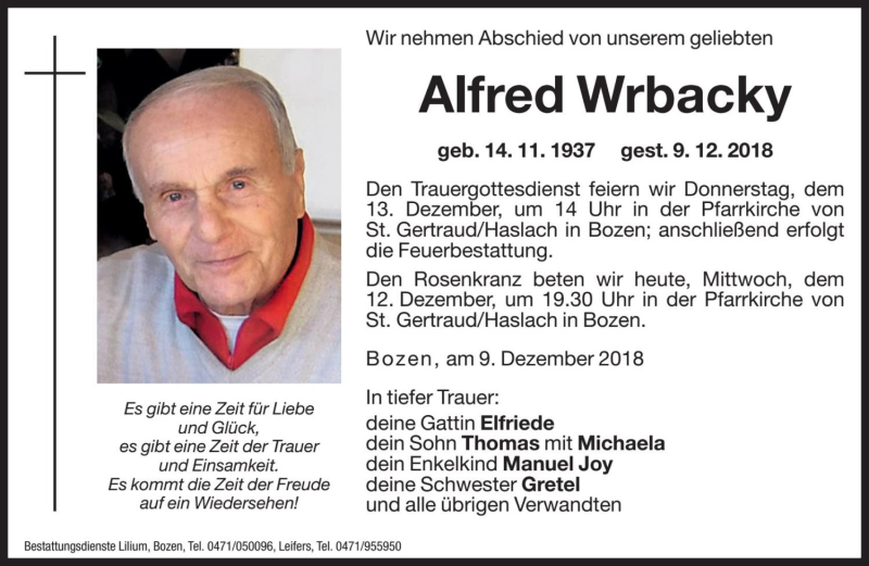  Traueranzeige für Alfred Wrbacky vom 12.12.2018 aus Dolomiten