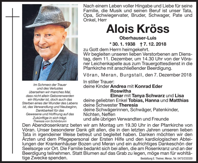  Traueranzeige für Alois Kröss vom 10.12.2018 aus Dolomiten