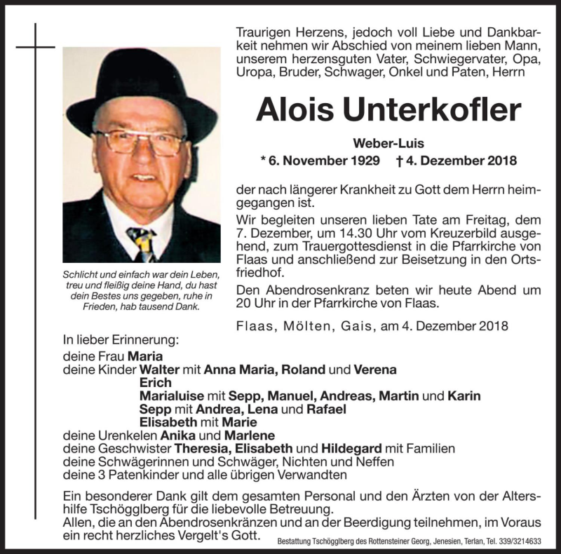  Traueranzeige für Alois Unterkofler vom 06.12.2018 aus Dolomiten