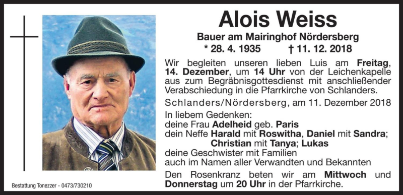 Traueranzeige für Alois Weiss vom 12.12.2018 aus Dolomiten