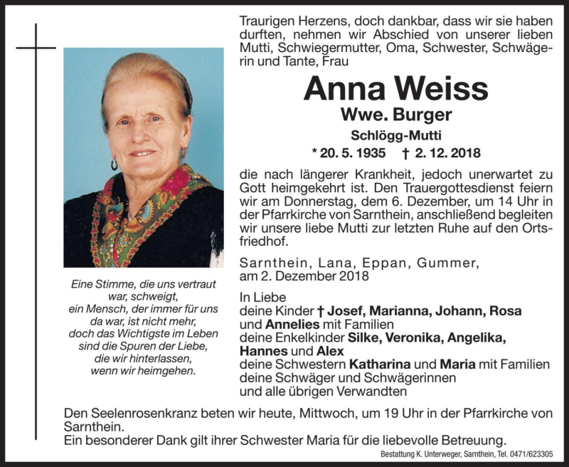  Traueranzeige für Anna Burger vom 05.12.2018 aus Dolomiten