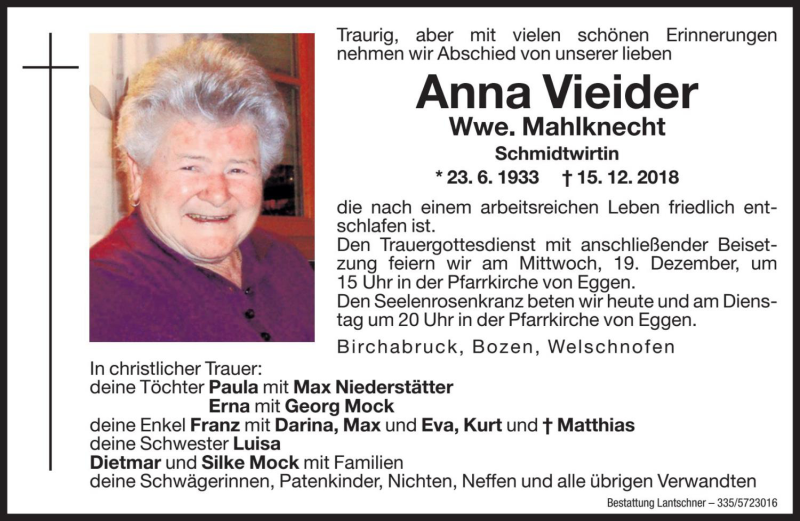  Traueranzeige für Anna Mahlknecht vom 17.12.2018 aus Dolomiten